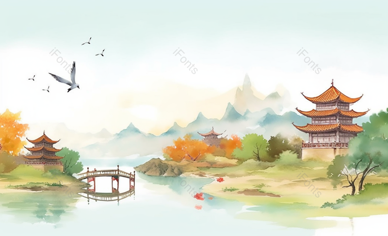 小清新水彩画风格古风风景插画黄鹤楼,插画/手绘图,插画/手绘图库,插画/手绘图下载,插画/手绘